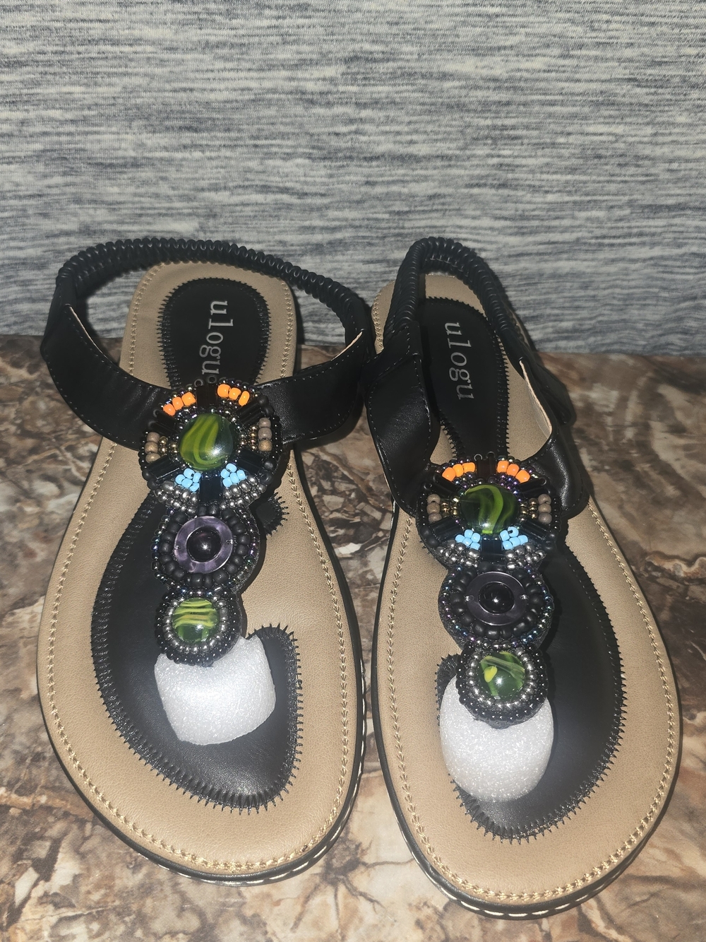 Ulogu Beaded Slingback Sandals Size 36 Black Boho Comfort Sandals